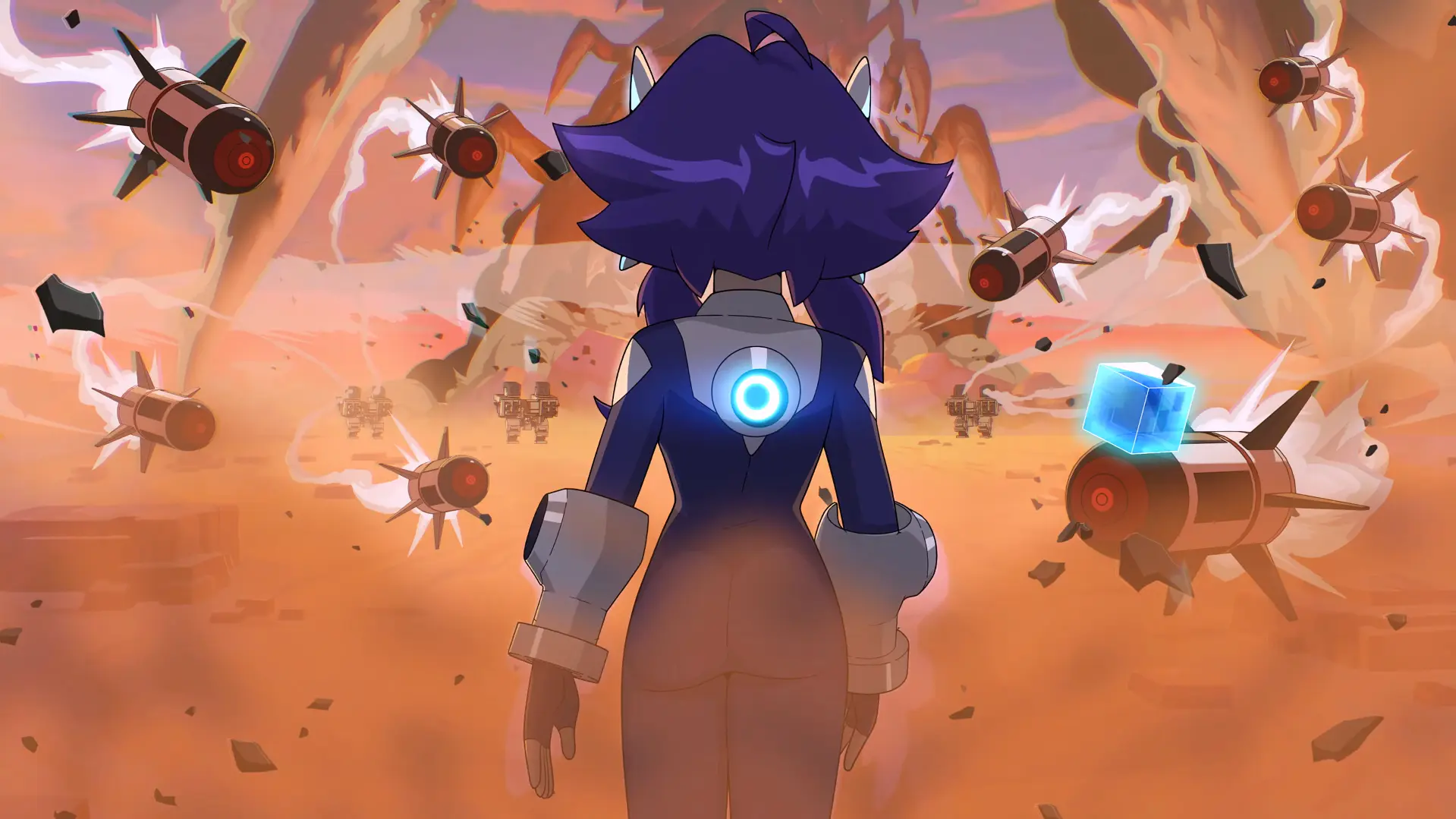 La androide de Ascend to Zero de espaldas frente a un campo de batalla desértico lleno de misiles y máquinas
