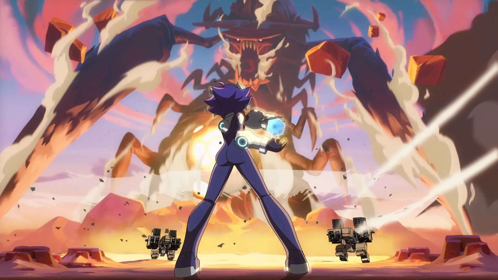 La protagonista de Ascend to Zero plantando cara a un jefe colosal con forma de insecto gigante al atardecer