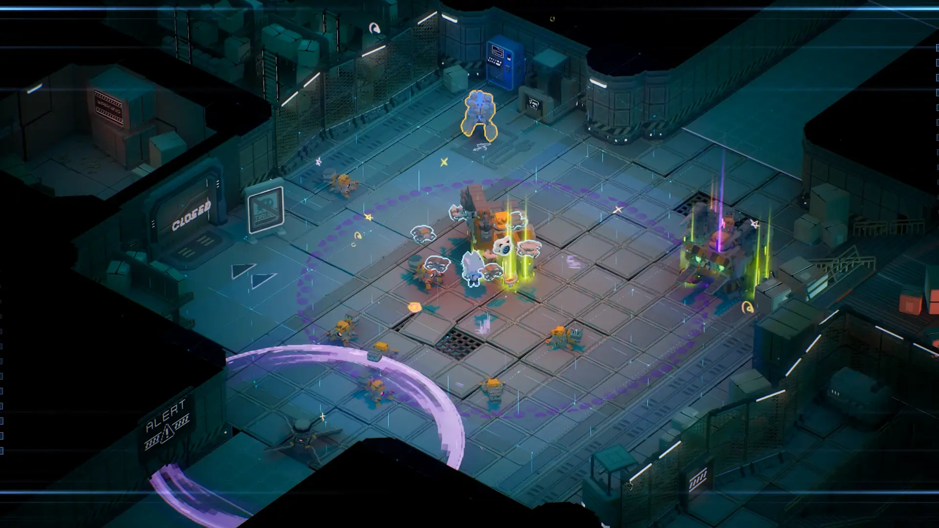 Gameplay isométrico de Ascend to Zero con la protagonista luchando contra robots en una instalación cibernética