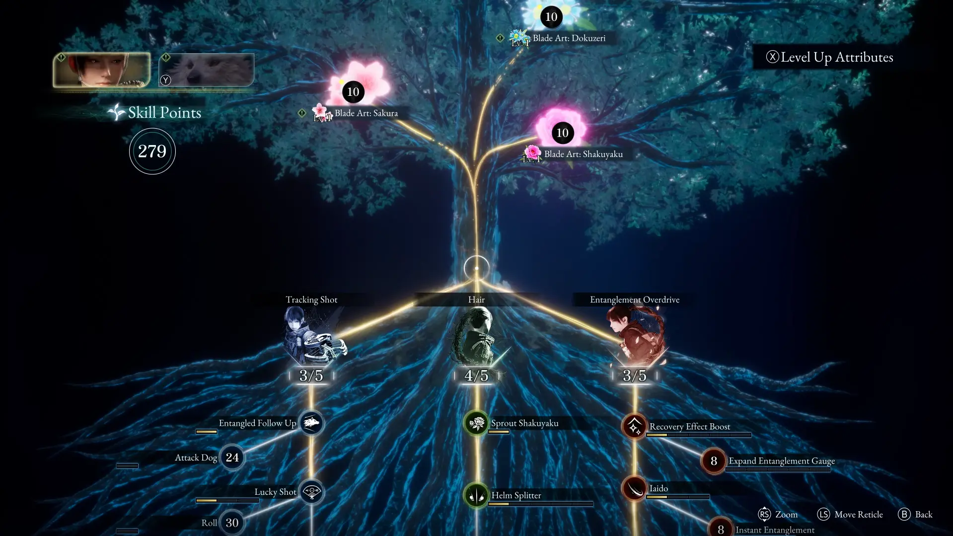 Árbol de habilidades de Beast of Reincarnation con ramas de Blade Arts y mejoras para el personaje y el perro
