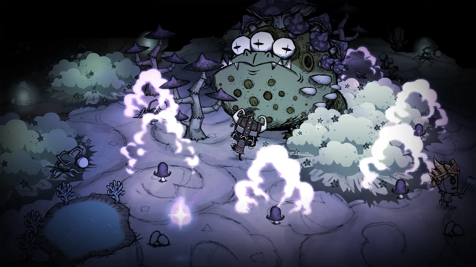 Escena de Don't Starve Together mostrando el estilo artístico característico del juego, con personajes explorando un entorno oscuro
