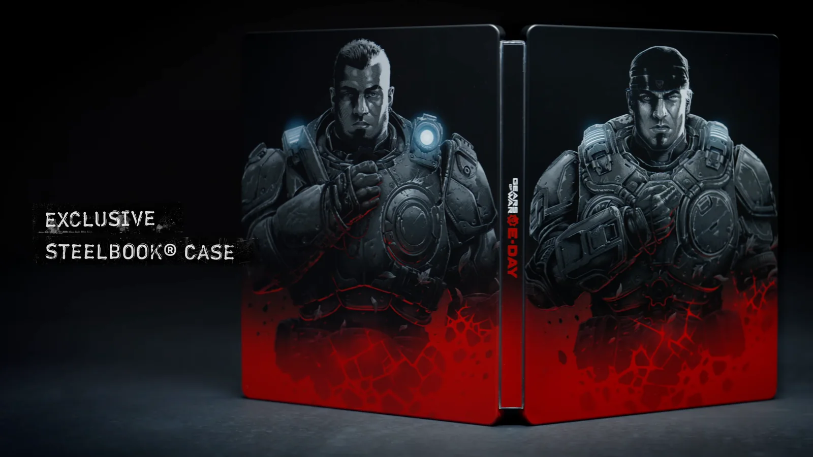 SteelBook exclusivo de Gears of War: E-Day con ilustraciones de Dom y Marcus en blanco y negro sobre un degradado rojo