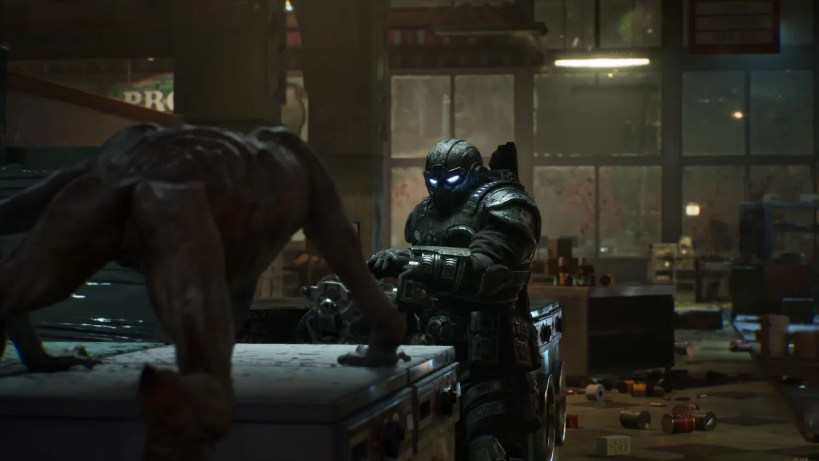 Un soldado se enfrenta a una criatura Locust dentro de un edificio en Gears of War: E-Day