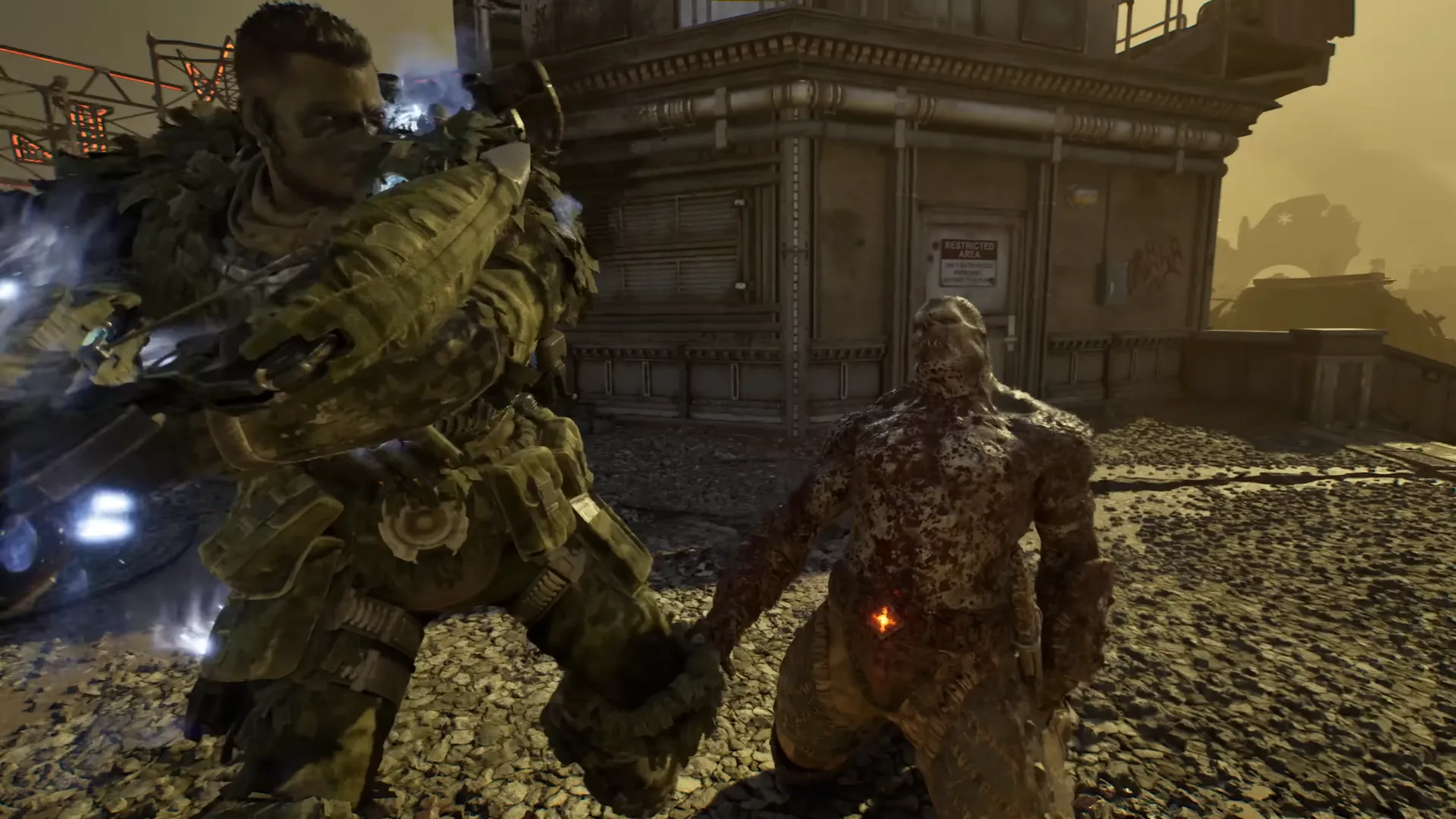 Dom, con el aspecto Exfil de camuflaje, remata a un enemigo Locust arrodillado en un escenario devastado
