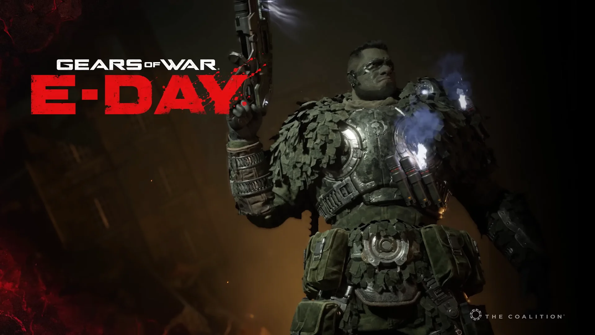 El aspecto legendario Exfil Dom, con armadura de camuflaje de hojas, en Gears of War: E-Day