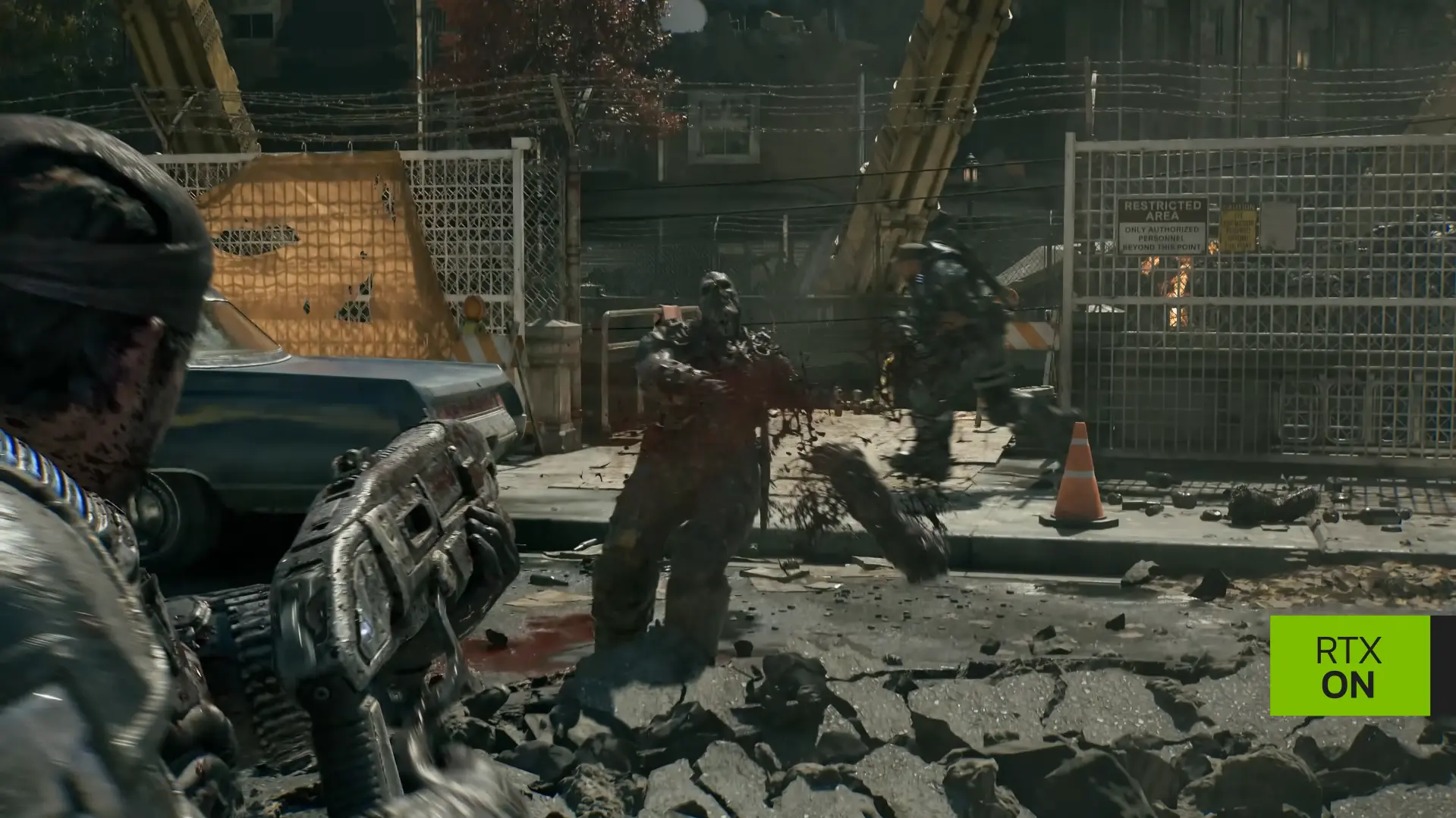 Combate a plena luz del día contra un Locust en una calle de zona restringida en Gears of War: E-Day, con la etiqueta RTX ON