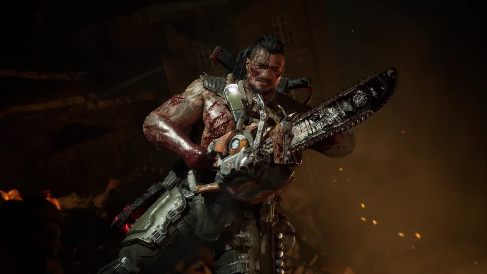 Tai Kaliso, cubierto de tatuajes y sangre, blande una motosierra Lancer entre los escombros ardientes en Gears of War: E-Day