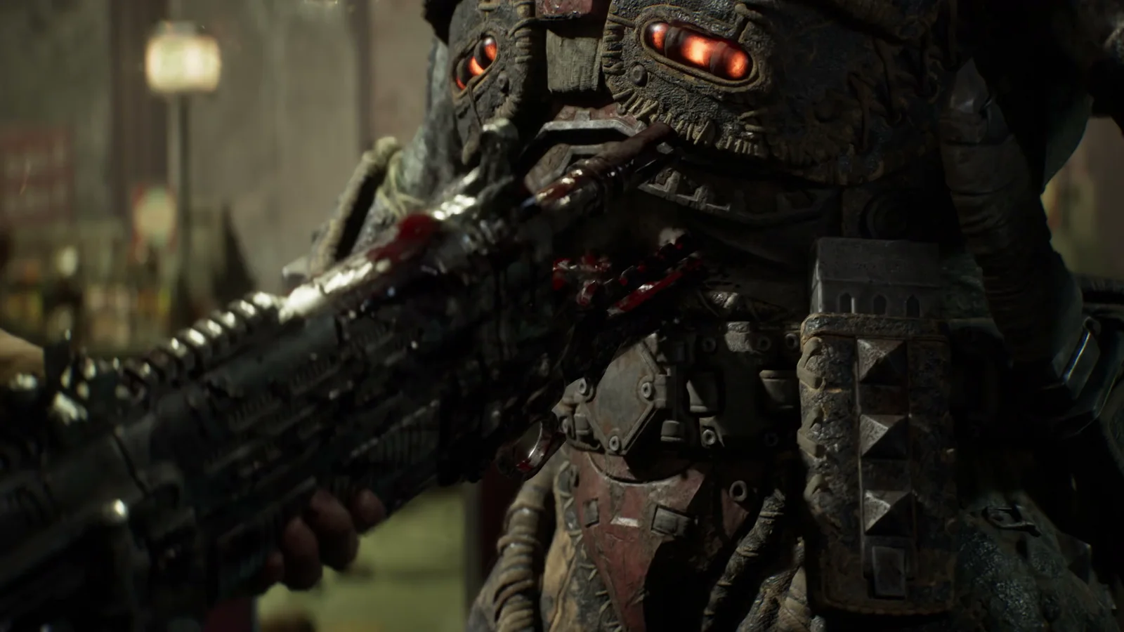 Primer plano de un Locust con armadura remachada y ojos rojos