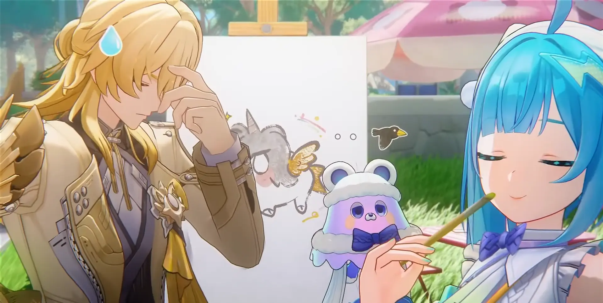 Arte de Honkai: Nexus Anima con Nanafey y su entrenador rodeados de criaturas