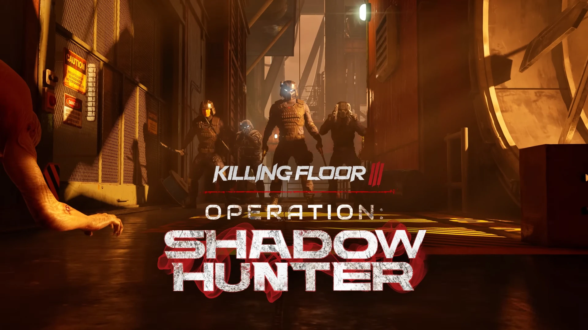 Escuadrón de especialistas de Killing Floor 3 en un pasillo industrial con el logo de Operation: Shadow Hunter