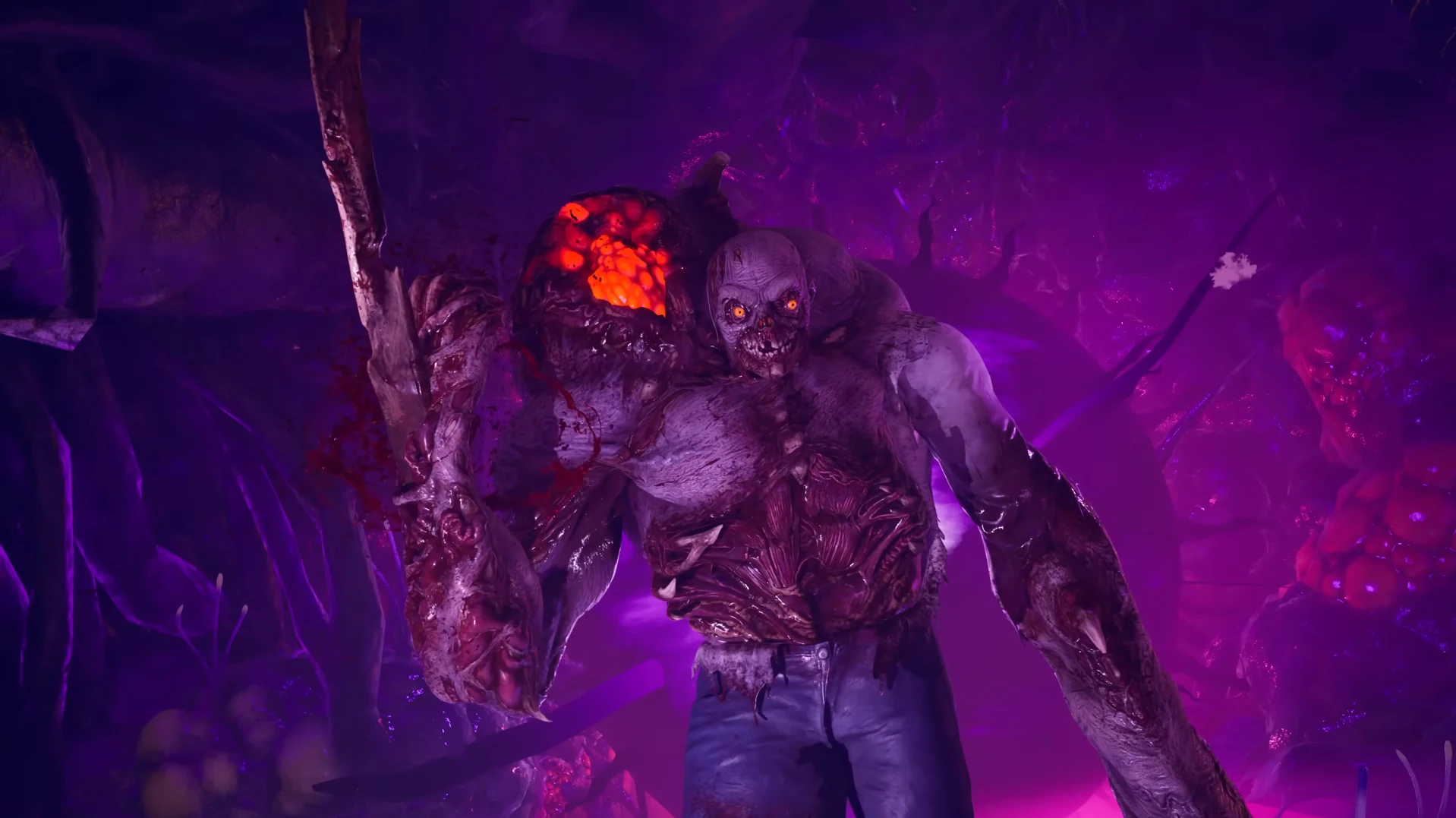 Un Zed enorme y deforme iluminado por una luz púrpura en Killing Floor 3