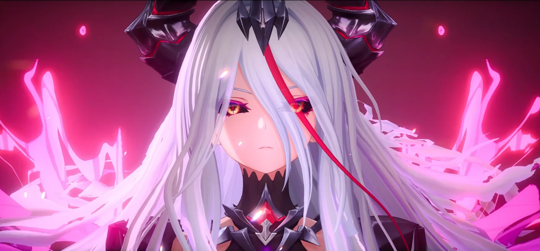 La versión oscura de Shinku, de cabello blanco espectral y ojos dorados, rodeada de un aura de energía rosada que fractura el fondo