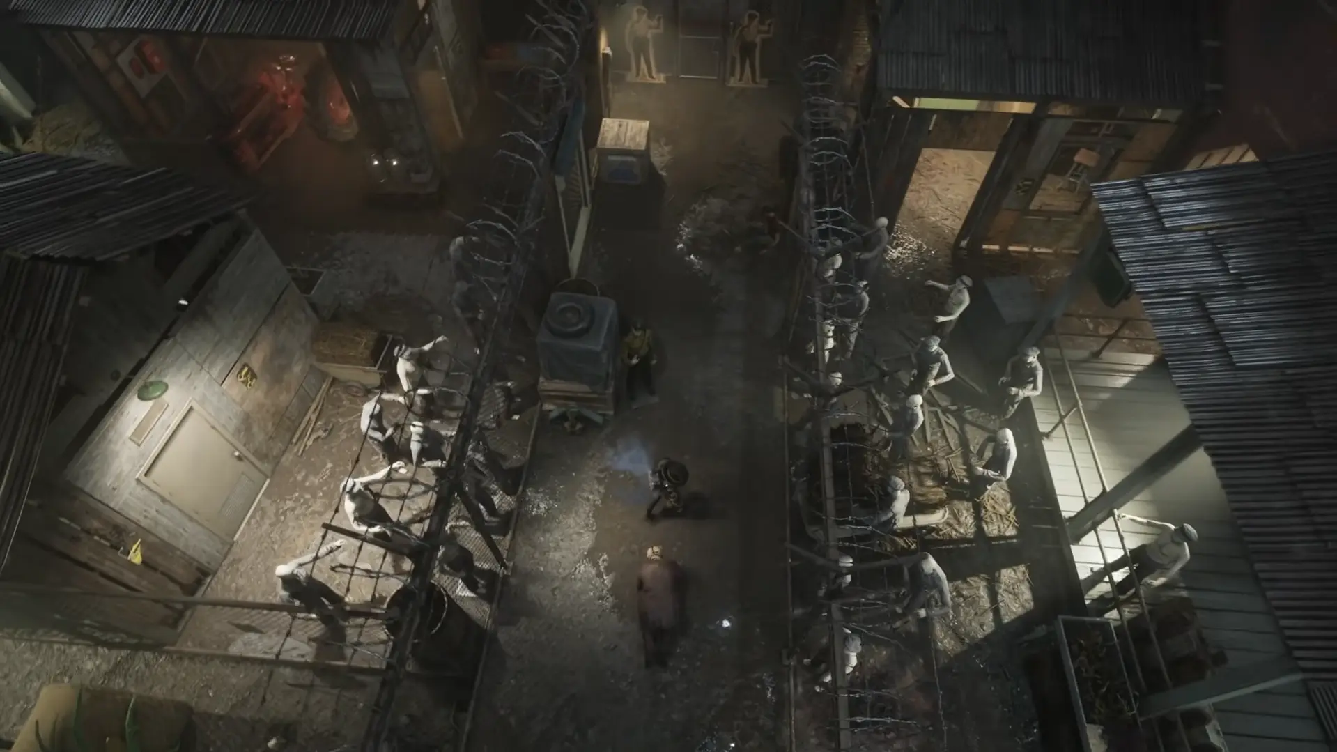 Enemigo perseguidor de The Outlast Trials acechando en la penumbra del cementerio de la Temporada 7 Project Boneyard