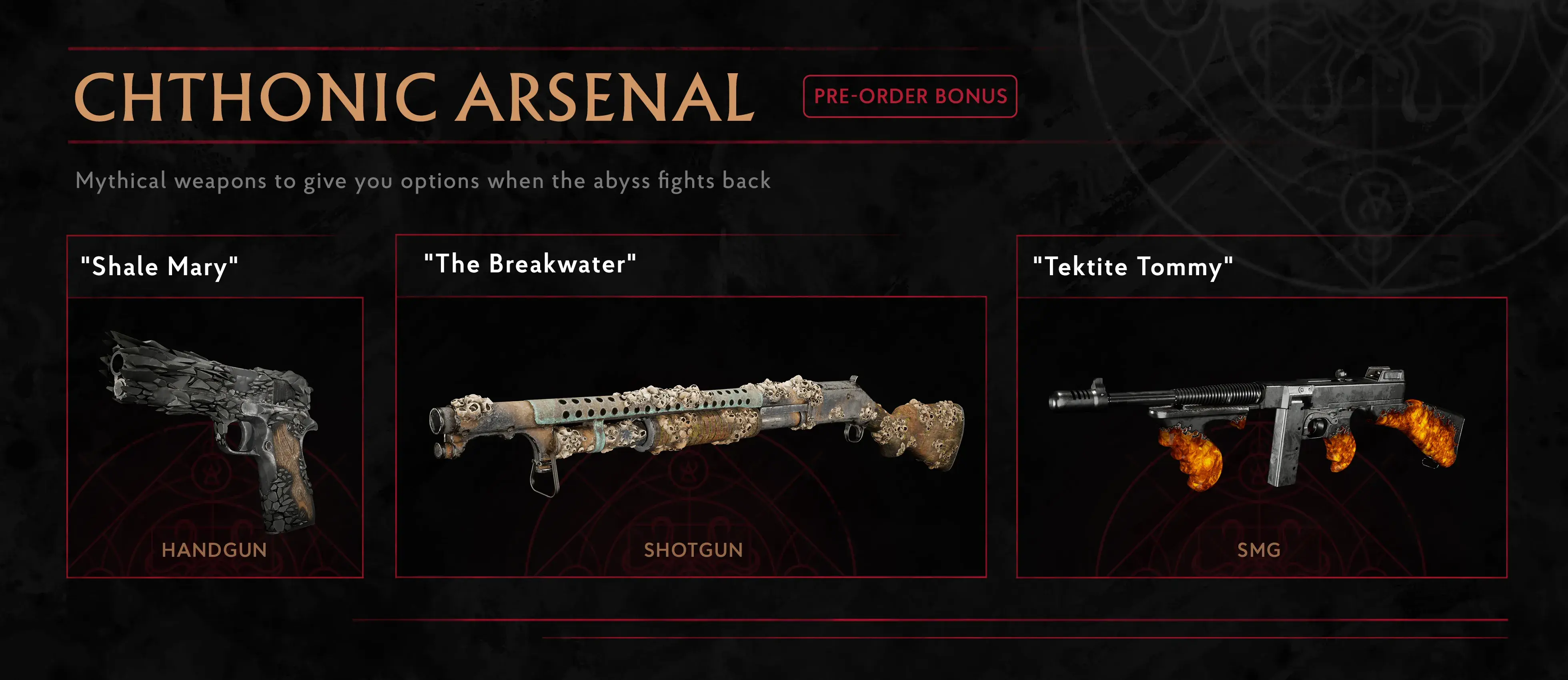 Chthonic Arsenal de The Sinking City 2: las armas Shale Mary, The Breakwater y Tektite Tommy como bonus de reserva