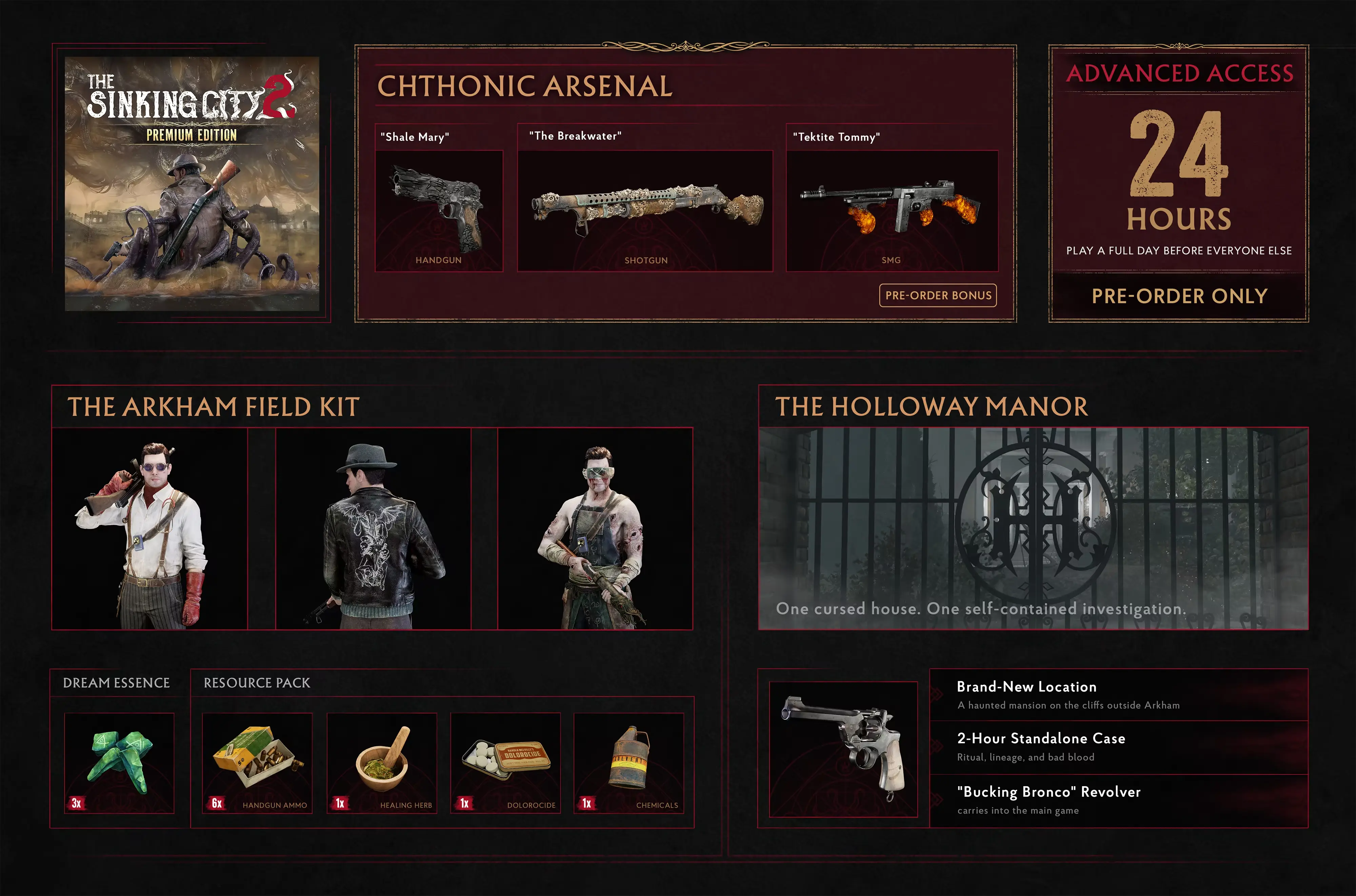 Desglose de la Edición Premium de The Sinking City 2 con el Chthonic Arsenal, el Arkham Field Kit y The Holloway Manor