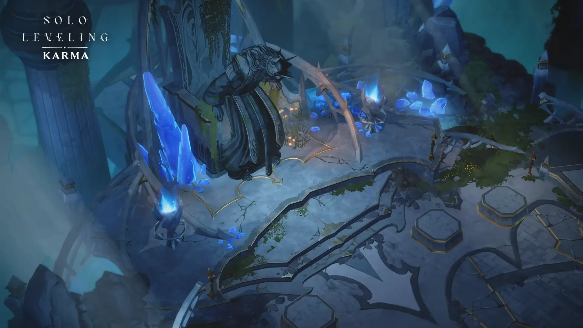 Escena de exploración isométrica en una mazmorra helada de Solo Leveling: Karma