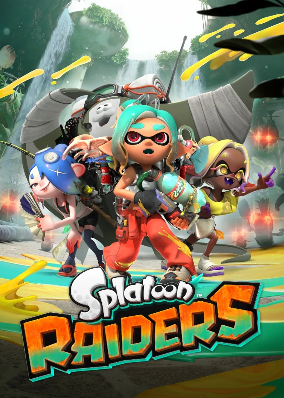 Tres Inklings sentados sobre una estructura de madera junto a una grúa de construcción en Splatoon Raiders