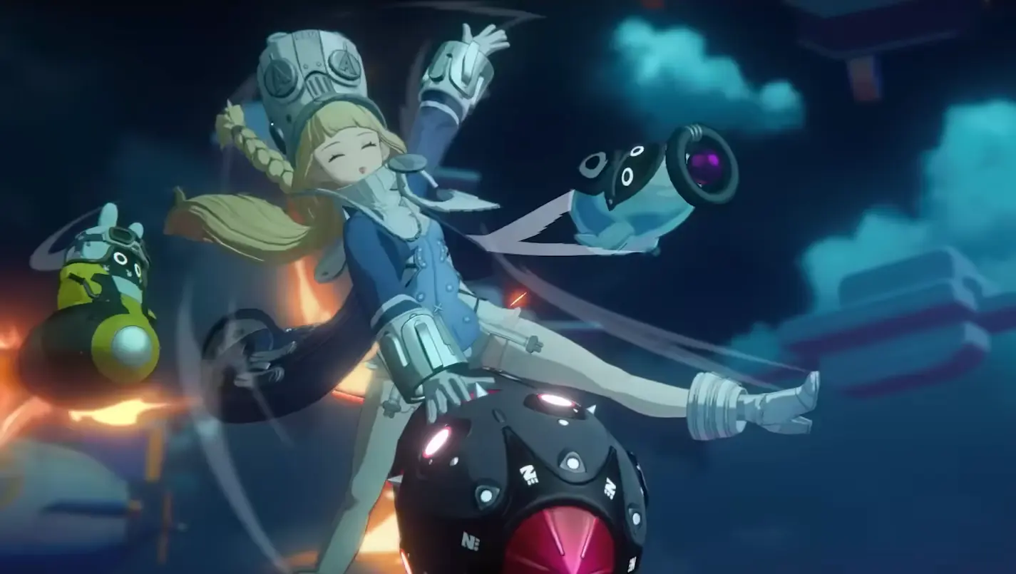 Norma suspendida en el aire junto a pequeños dispositivos flotantes en Zenless Zone Zero